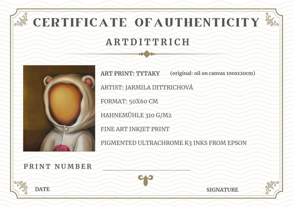 Certifikát pravosti uměleckého tisku pro motiv Baby.
